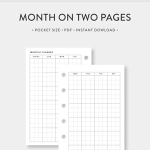 Pocket, Grid Monthly Planner Printable Calendar | Month on Two Pages | Undated Simple Template Journal PDF Inserts | PK Size | mo2p