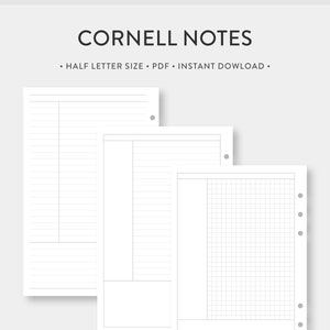 May include: Three printable Cornell note templates in half letter size. The templates feature lined paper, a column for notes, and a gridded section for drawing or diagrams.