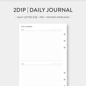 Media carta, Diario 2D1P / Planificador diario forrado imprimible / Inserciones PDF de diario de plantilla simple sin fecha / Descarga digital