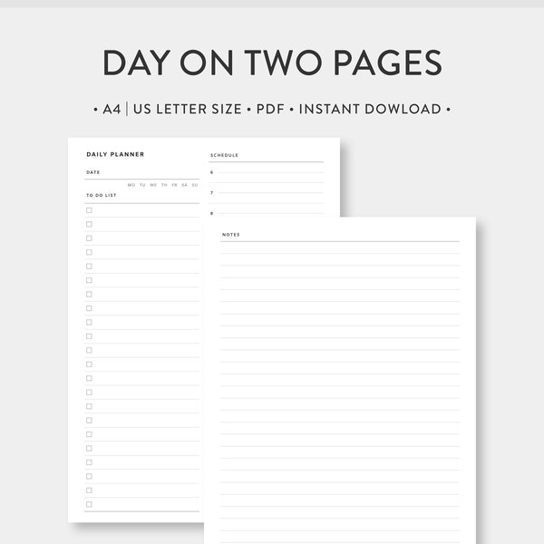 A4 | US Letter, Hourly Daily Scheduler, Lined Notes | Day on Two Pages | Undated Simple Template Journal PDF Inserts | Digital Download