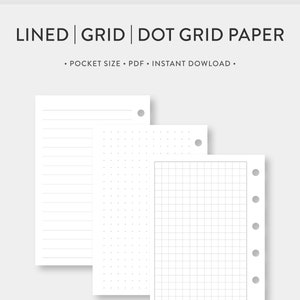 Op de afbeelding: Drie witte vellen papier met verschillende rasterstijlen: gelijnd, stippenraster en vierkant raster. De tekst bovenaan luidt "LINED | GRID | DOT GRID PAPER". De vellen hebben gaten om te binden en zijn gelabeld met "POCKET SIZE • PDF • INSTANT DOWLOAD."