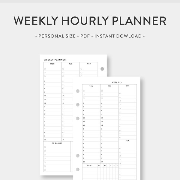 Personal, Weekly Hourly Planner Printable | Weekly Schedule, Week At a Glance, Week on Two Pages | Weekly Habit Tracker | Simple Minimal