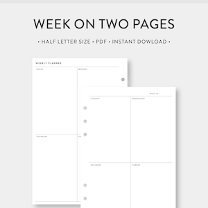 Half Letter, Weekly Planner Printable | Week on Two Pages | Undated ...