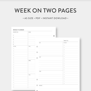 May include: A printable weekly planner template in A5 size, with a weekly overview on the left page and a to-do list on the right page. The template has a simple design with black text and lines on a white background.