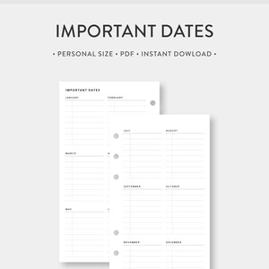 Personal, Important Dates Printable | Birthday tracker, Anniversaries, Travels, Parties, Yearly Overview, Year At a Glance