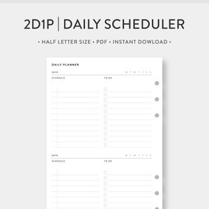 Media carta, Planificador diario 2D1P imprimible / Programación, Lista de tareas efectivas / Inserciones PDF de diario de plantilla simple sin fecha / Descarga digital