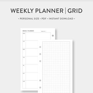 May include: A printable weekly planner with a grid page. The planner has a simple design with days of the week listed on the left side and a blank space for writing. The grid page is blank and ready for notes or drawings.