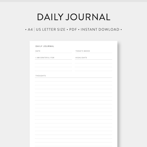 A4 / Carta de EE. UU., Diario imprimible / Plantilla de diario forrado / Inserciones PDF mínimas simples sin fecha / Descarga instantánea