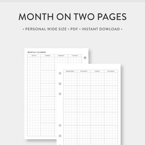Personal Wide, Grid Monthly Planner Printable Calendar | Month on Two Pages | Undated Simple Template Journal PDF Inserts | PW | mo2p