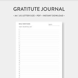 A4 / Carta de EE. UU., Diario diario de gratitud imprimible / Plantilla de seguimiento de hoja de registro simple / inserciones PDF, descarga mensual / digital