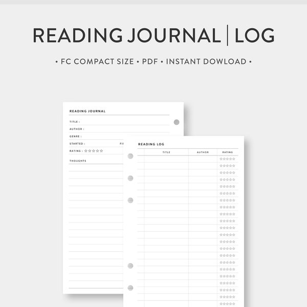 FC Compact, Reading Journal, Log Printable Set | Book Review, list | Simple Template PDF Inserts | Digital Download