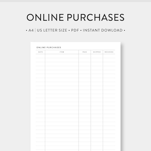 A4 | US Letter, Online Purchases Printable | Online Orders Tracker, Shopping Tracker, purchase tracker | Shipment Orders Organizer