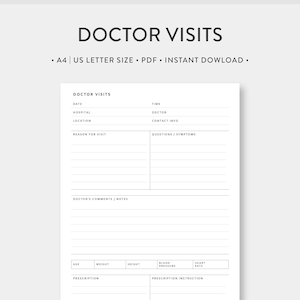 A4 | Carta dos EUA, consultas médicas para impressão | Registro de consulta médica, registro de consulta médica, rastreador médico | Médicos de bem-estar