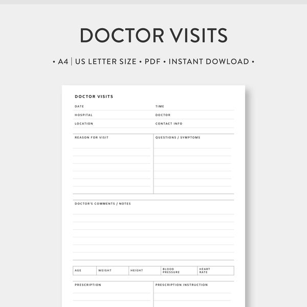 A4 | US Letter, Doctor Visits Printable | Doctor Visit Log, Medical Appointment Record, Medical Tracker | Health Wellness Physicians