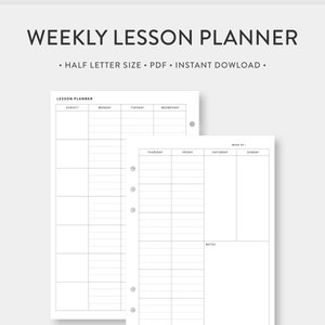 Media carta, Planificador semanal de lecciones para maestros imprimible / Plantilla sin fecha Inserciones PDF para diario / WO2P / Semana en dos páginas / Descarga digital