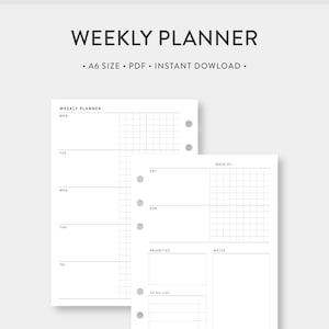 Puede incluir: Un planificador semanal blanco con el texto "WEEKLY PLANNER" en la parte superior. El planificador incluye secciones para cada día de la semana, prioridades, notas y una lista de tareas. También está presente el texto "A6 SIZE • PDF • INSTANT DOWNLOAD".