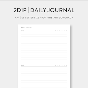 A4 | Carta dos EUA, Jornal Diário 2D1P | Planejador diário forrado para impressão | Inserções em PDF de diário de modelo simples sem data | Download Digital