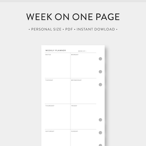Pode incluir: Um planejador semanal imprimível em preto e branco com o texto "WEEKLY PLANNER" e "WEEK OF" no topo. O planejador é dividido em sete colunas para cada dia da semana, com os dias da semana etiquetados no topo de cada coluna. Há uma seção de notas no canto superior esquerdo do planejador.