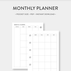 Pocket, Minimalist Monthly Planner Printable Calendar | Month on Two Pages | Undated Simple Template Journal PDF Inserts | PK Size | mo2p