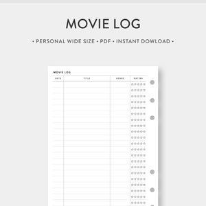 Personal Wide, Movie Log Printable | Movies to Watch | Movie Tracker, Cinema Tracker Film list | Digital Download