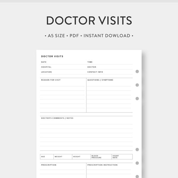 A5, Visitas al médico imprimibles / Registro de visitas al médico, Registro de citas médicas, Rastreador médico / Médicos de bienestar