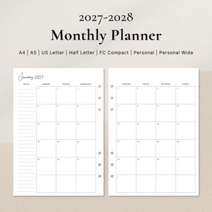 May include: A 2027-2028 monthly planner template featuring two white pages with black grid lines for calendar dates, a notes column, and text listing A4, A5, US Letter, Half Letter, FC Compact, Personal, and Personal Wide sizes.