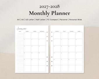 May include: A 2027-2028 monthly planner template featuring two white pages with black grid lines for calendar dates, a notes column, and text listing A4, A5, US Letter, Half Letter, FC Compact, Personal, and Personal Wide sizes.