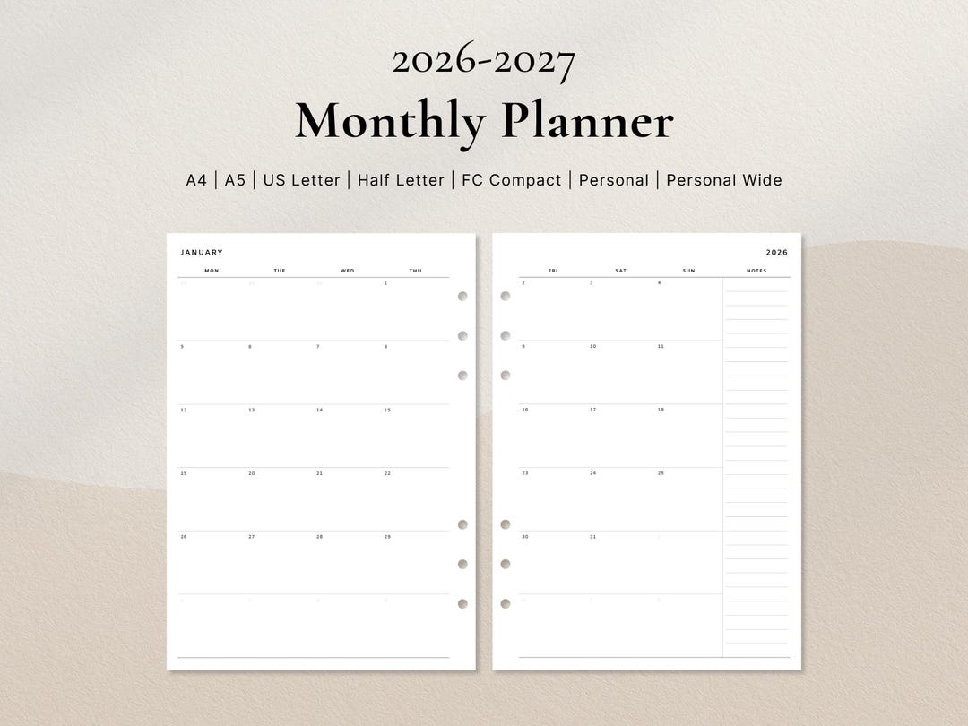 2026–2027 Monthly Planner | Horizontal Calendar Layout PDF | A4, A5, US ...