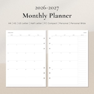 Könnte beinhalten: Ein minimalistischer Monatsplaner für 2026-2027 mit einem klaren, weißen Layout und einem einfachen Raster für jeden Monat. Der Planer ist in den Formaten A4, A5, US Letter, Half Letter, FC Compact, Personal und Personal Wide erhältlich.