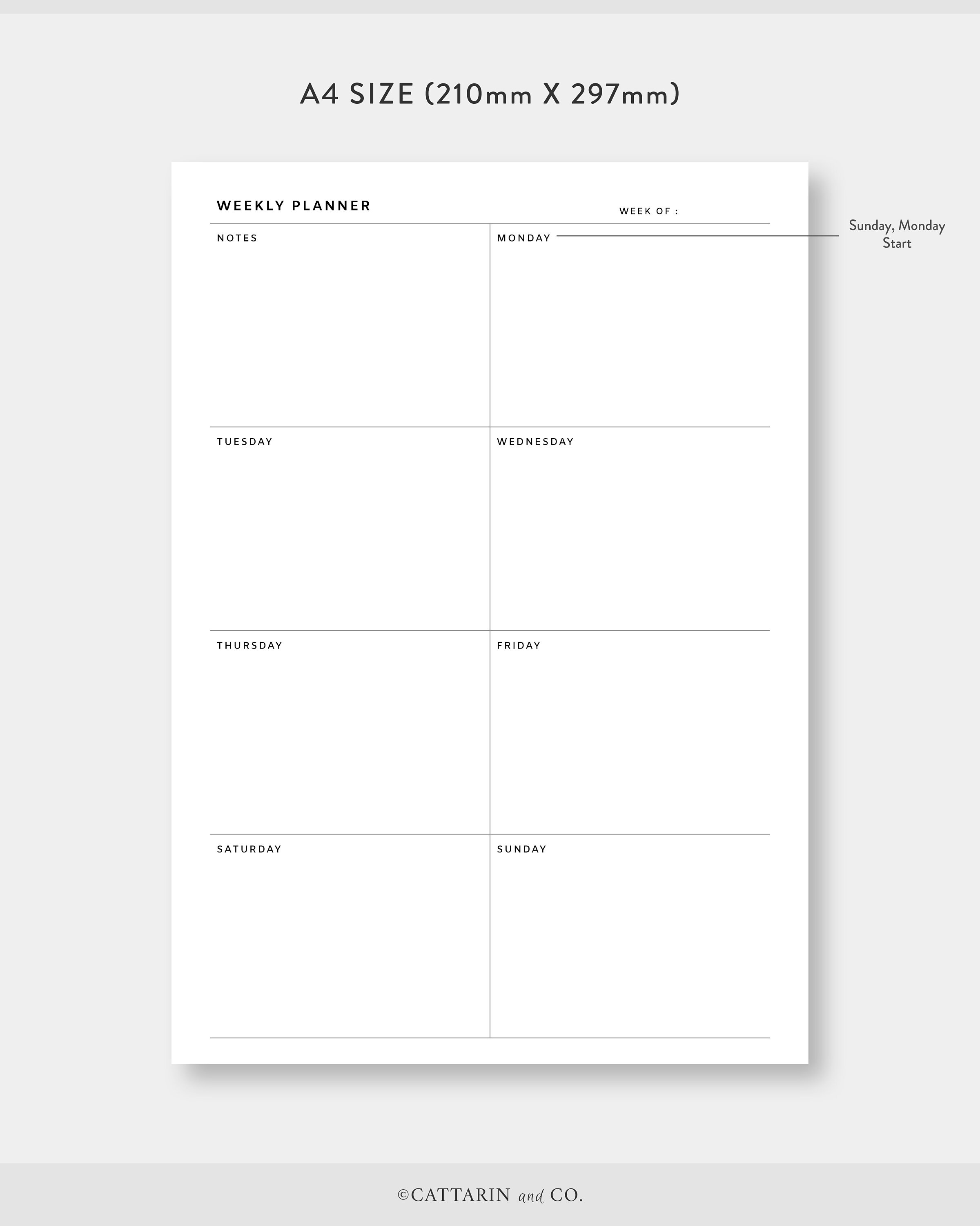 A4 | US Letter, Minimalist Weekly Planner Printable | Week on One Page ...