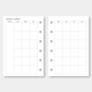 Op de afbeelding: Een printbare maandelijkse planner sjabloon met lege ruimtes voor notities, van zondag tot en met zaterdag, en een label voor een blanco versie.