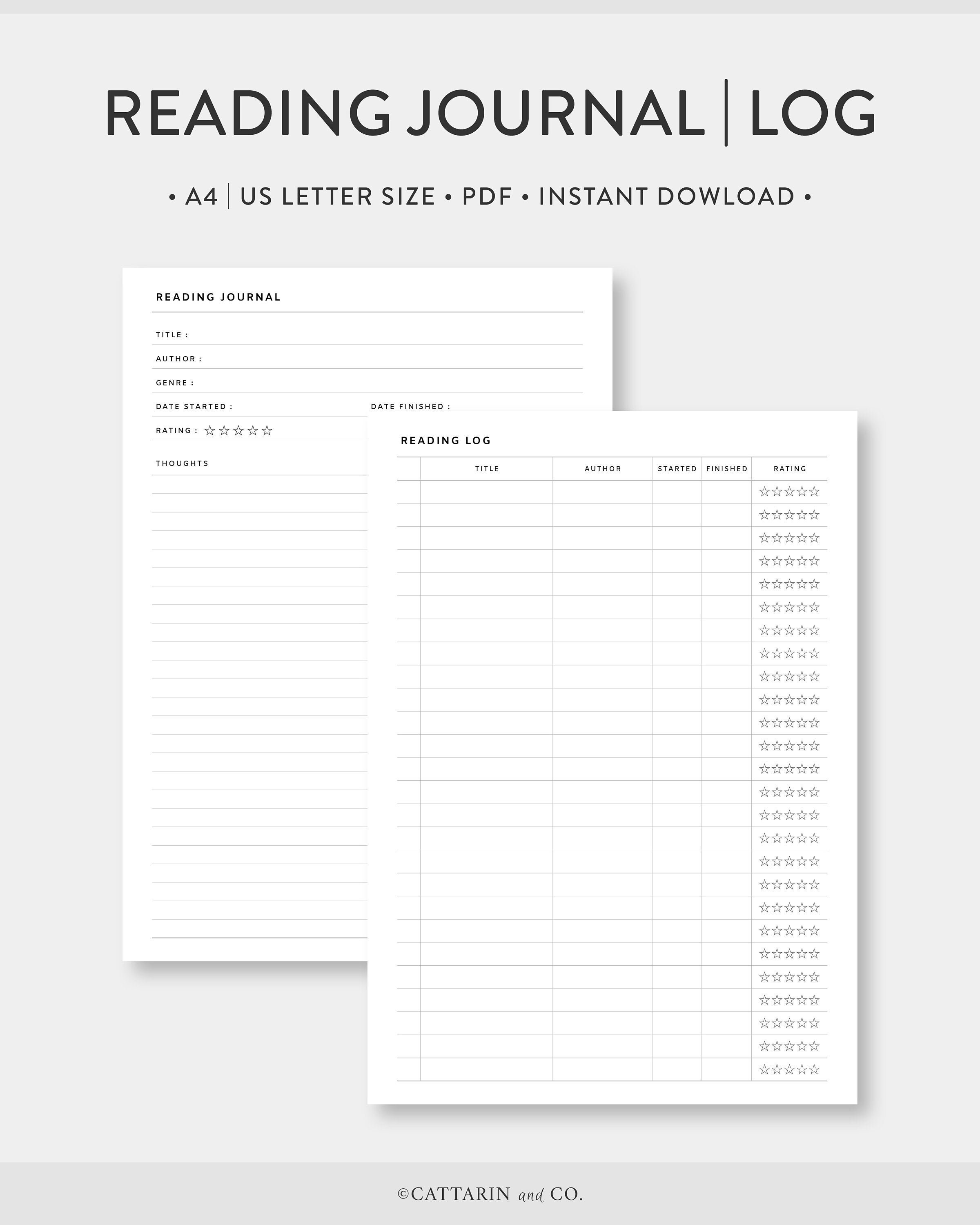 A4 US Letter Reading Journal Log Printable Set Book Etsy