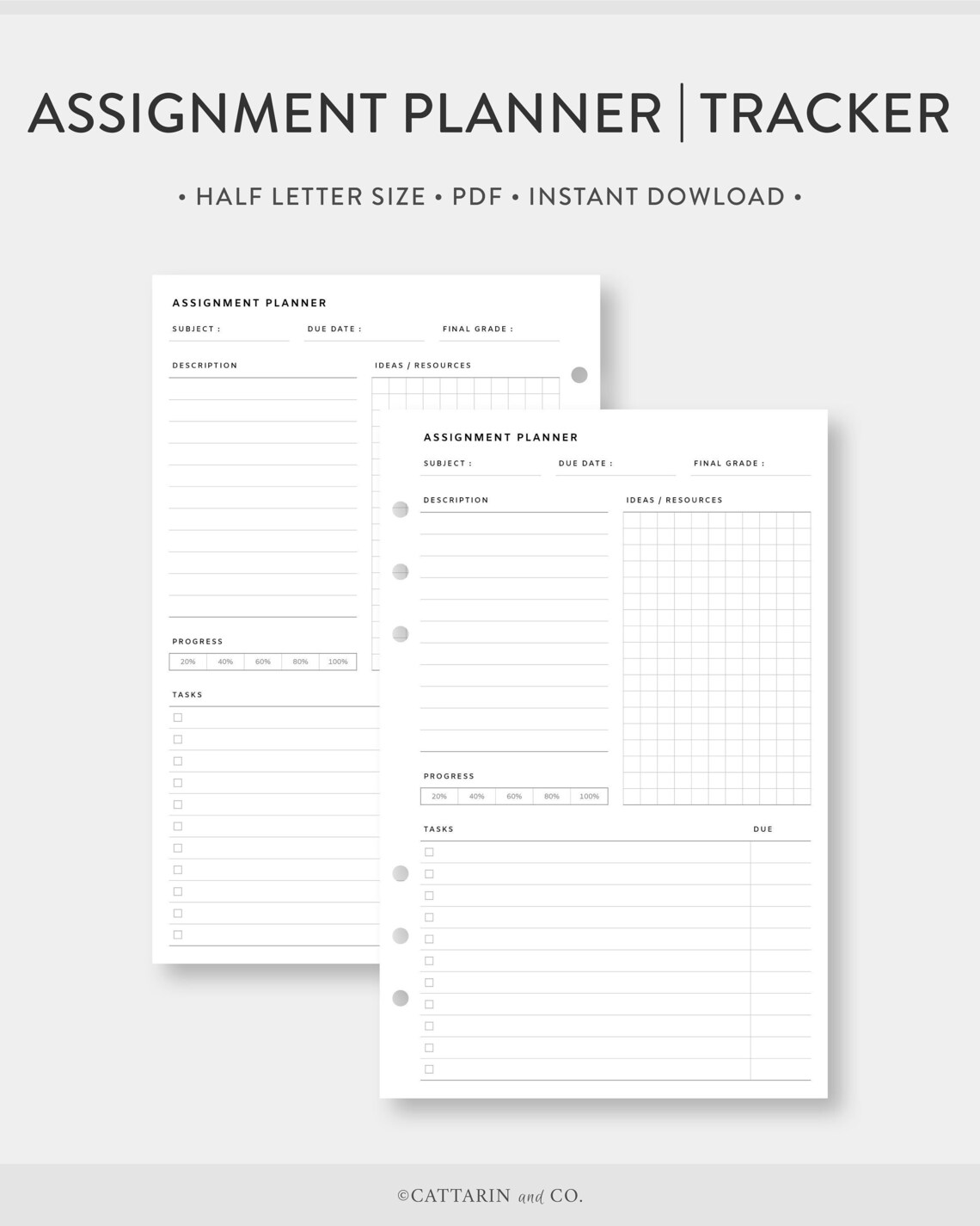 Half Letter, Assignment Planner &amp; Tracker Printable Homework, Study ...