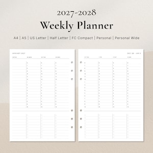 May include: A 2027-2028 weekly planner insert featuring a two-page layout with hourly scheduling columns for Monday through Sunday, a notes section, and punch holes for binding. Text includes 2027-2028 Weekly Planner and paper sizes.