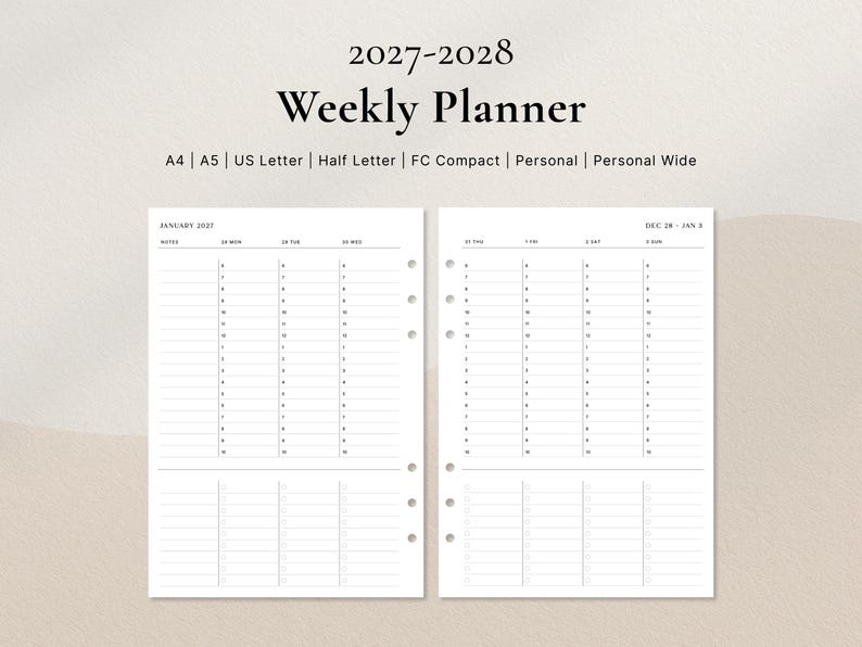 Veckoplanerare 2027–2028 | Timschema med att-göra-layout i PDF-format | A4, A5, US Letter, Half Letter, FC, Personlig, Personlig bred bild 1
