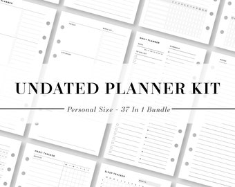 May include: A set of printable planner pages in black and white. The pages include a daily planner, habit tracker, sleep tracker, and more. The text "UNDATED PLANNER KIT" and "Personal Size - 37 In 1 Bundle" is printed on the pages.