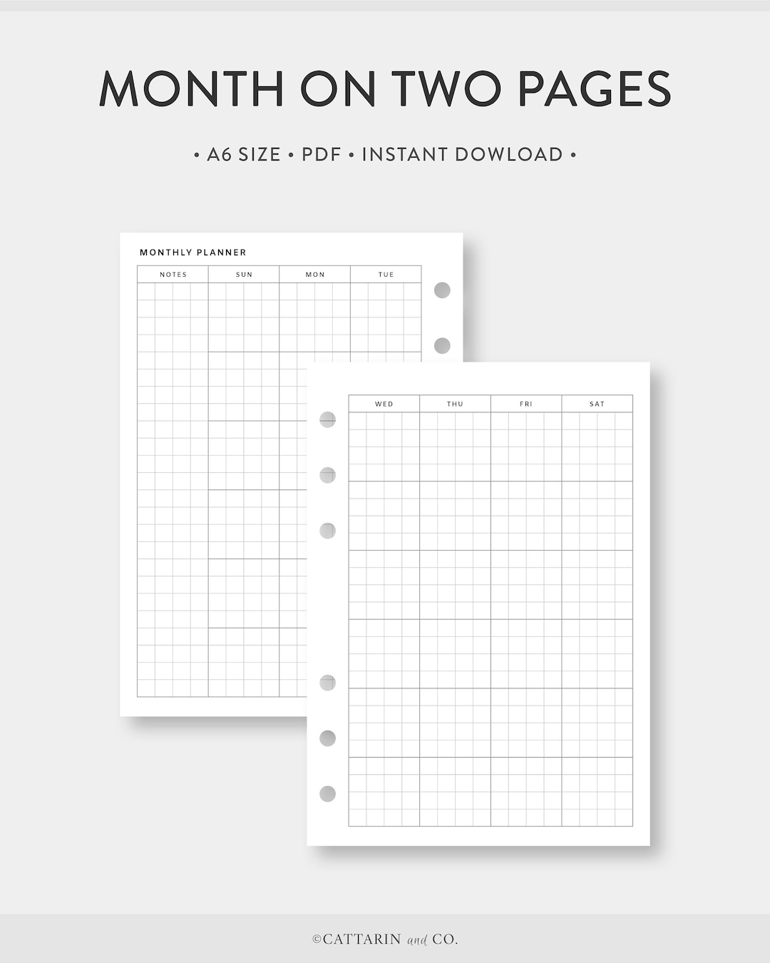 A6, Grid Monthly Planner Printable Calendar | Month on Two Pages ...
