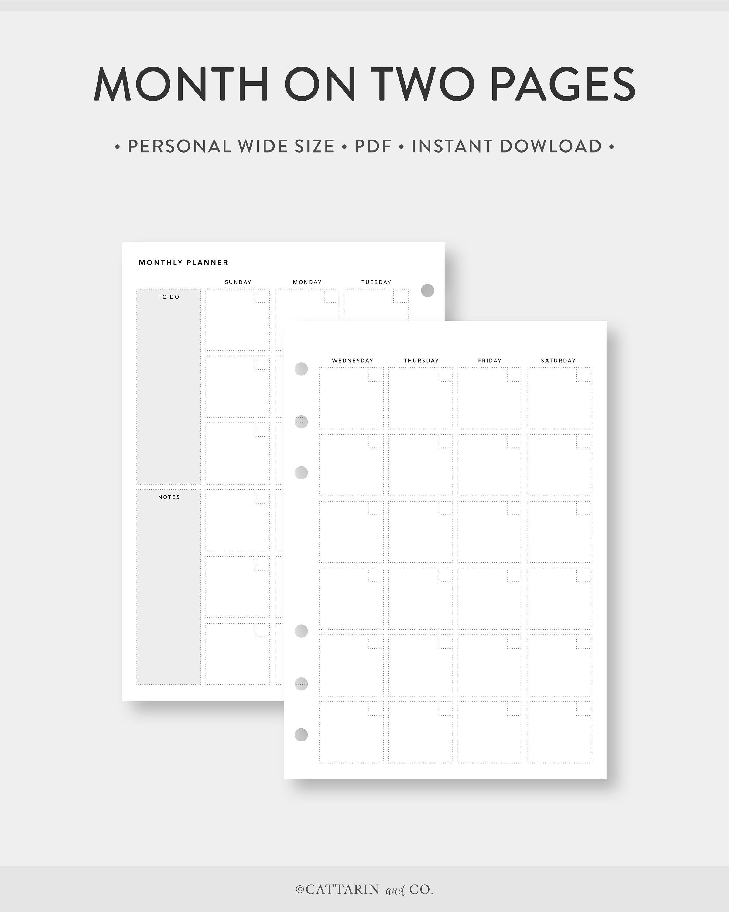 Personal Wide Monthly Planner Printable Month on Two Pages | Etsy