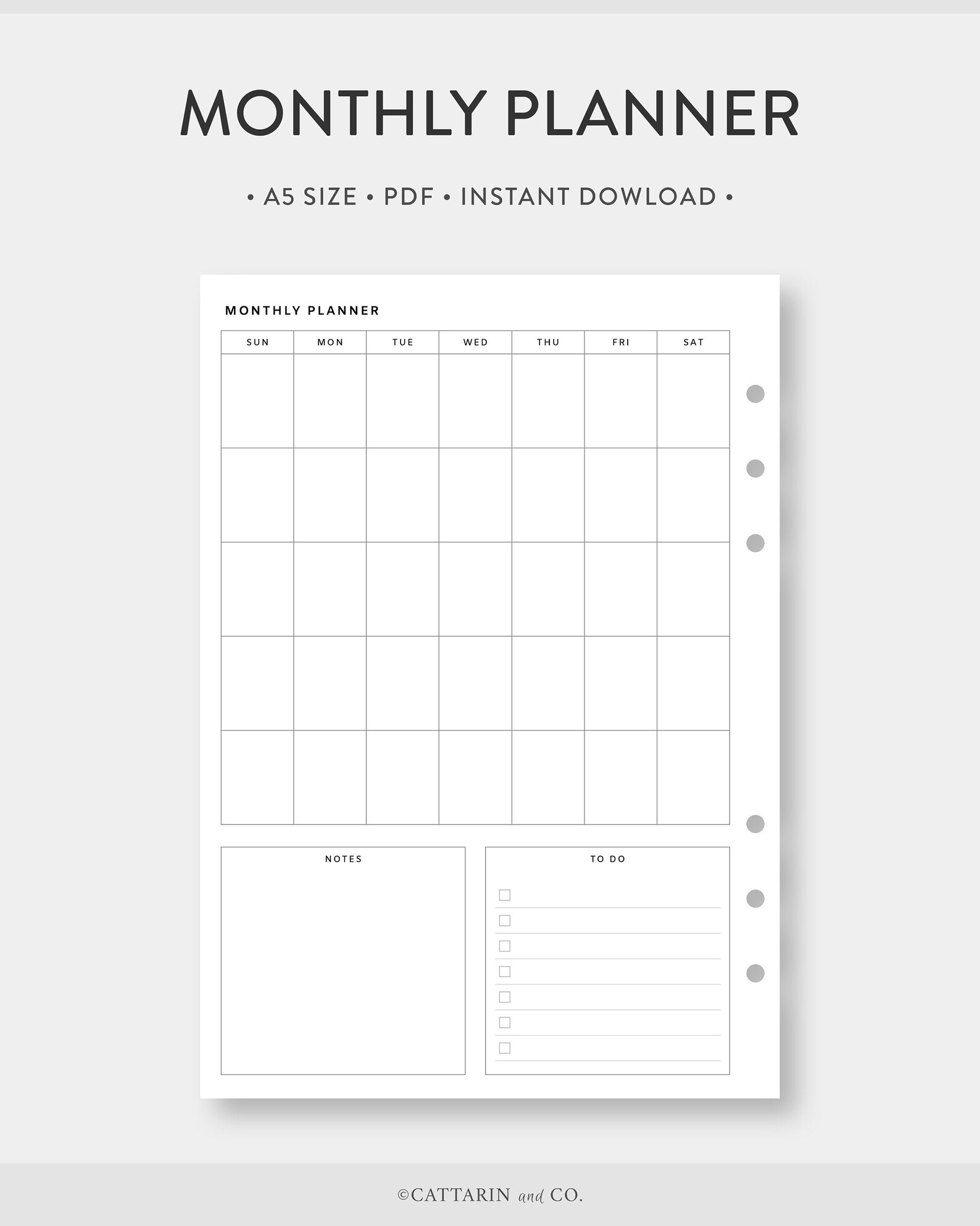 A5, Undated Monthly Planner Printable | Month on One Page | to Do List ...