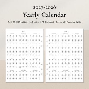 May include: A 2027-2028 yearly calendar planner insert set with black text on white paper. The layout includes monthly grids for both years, with punch holes on the side. Text includes: 2027-2028 Yearly Calendar, A4, A5, US Letter, Half Letter, FC Compact, Personal, Personal Wide.