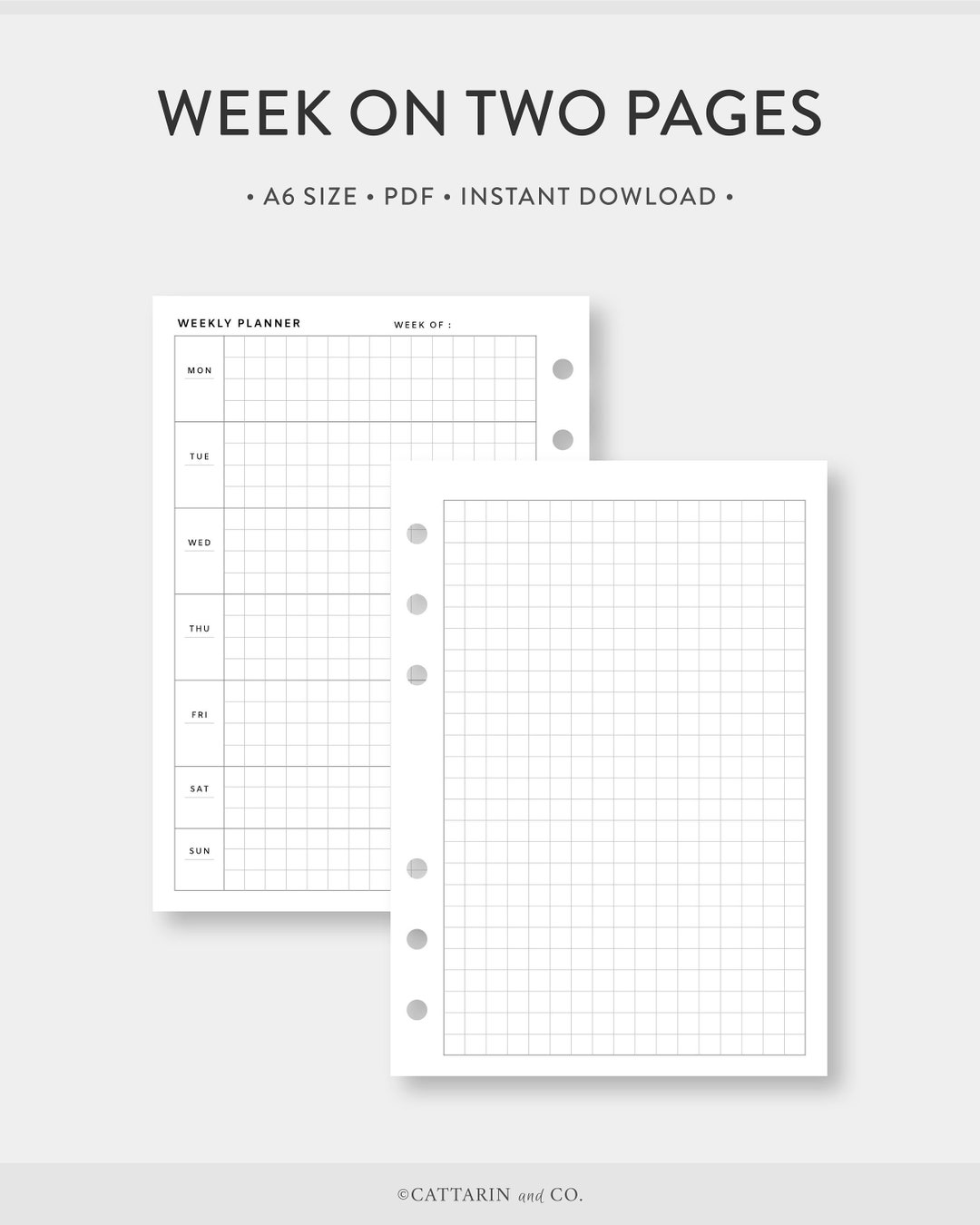 A6, Undated Weekly Planner Grid Paper Week on Two Pages WO2P 5x5 Graph