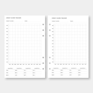 Op de afbeelding: Een printbare credit score tracker met een raster om scores in de loop van de tijd bij te houden. De tracker bevat secties voor elk kwartaal van het jaar en een ruimte om de doelscore en het jaar vast te leggen.