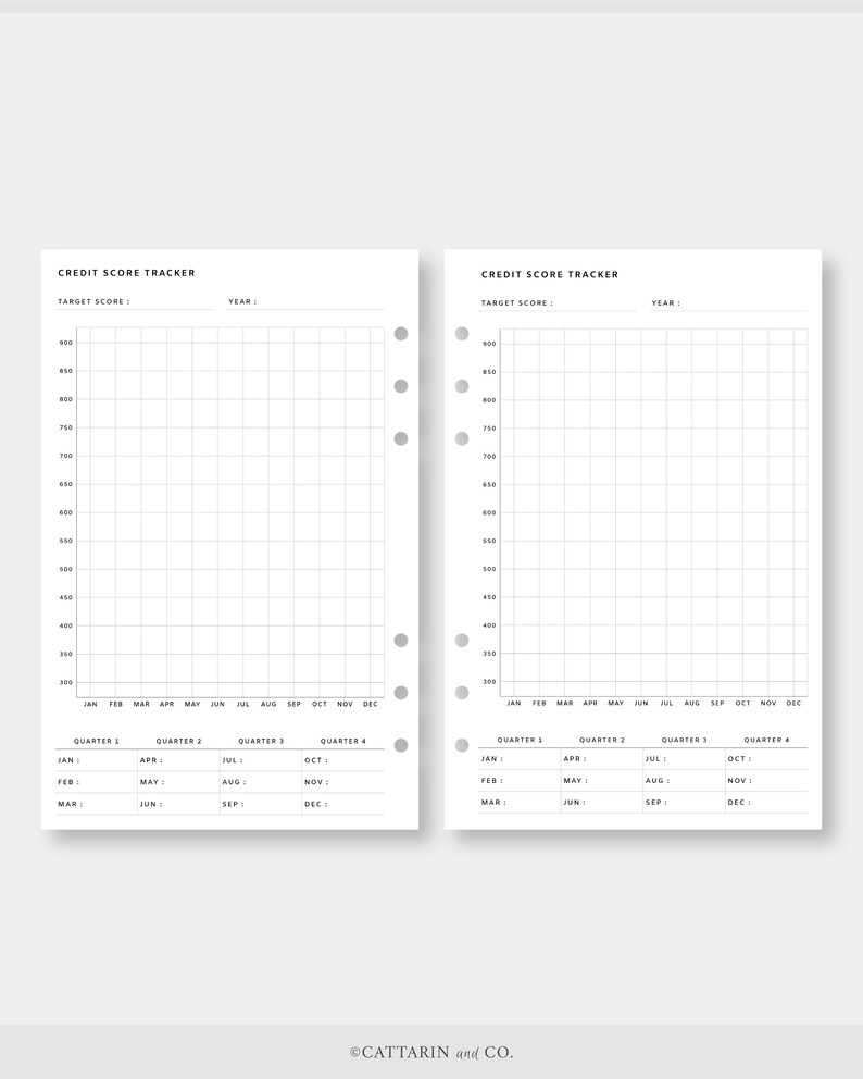 Op de afbeelding: Een printbare credit score tracker met een raster om scores in de loop van de tijd bij te houden. De tracker bevat secties voor elk kwartaal van het jaar en een ruimte om de doelscore en het jaar vast te leggen.