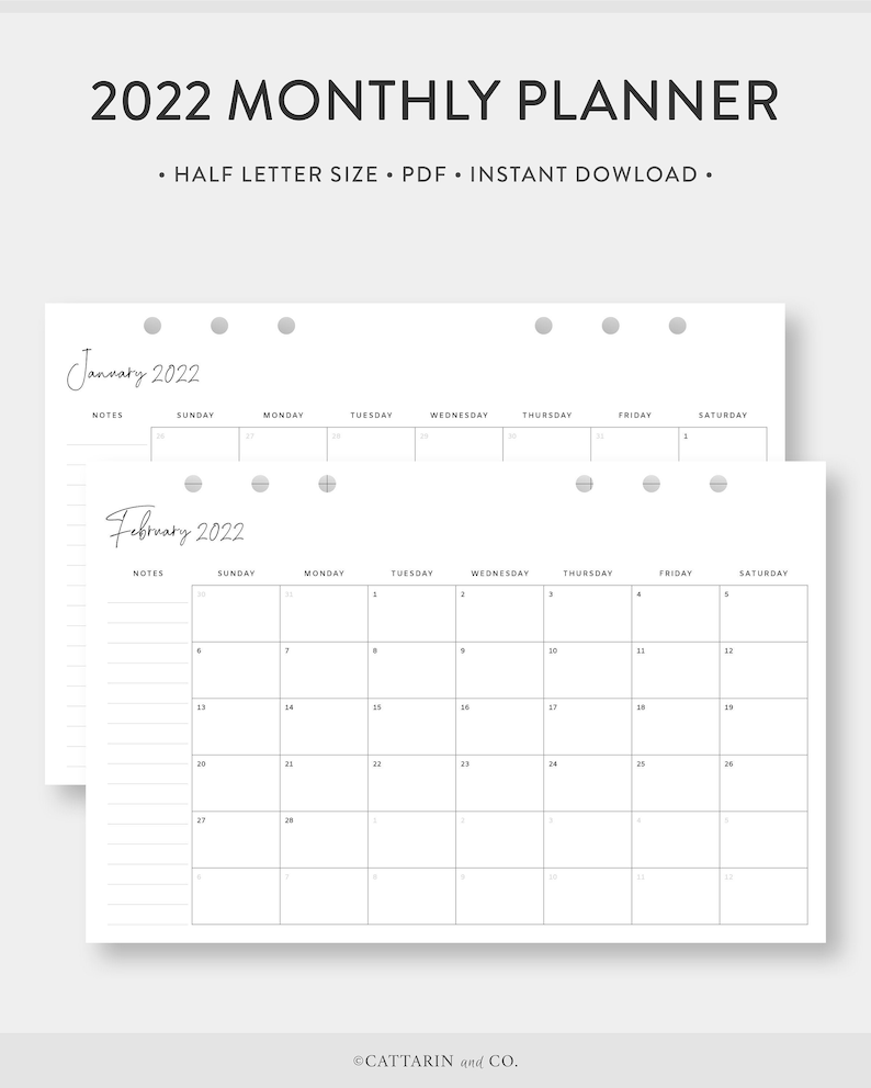 Half Letter 2022 Monthly Planner Printable Calendar Etsy