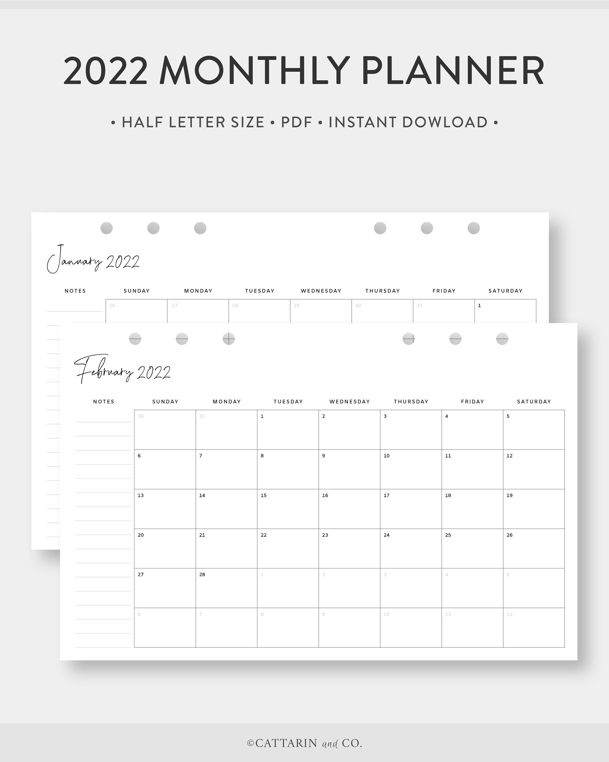 half letter 2022 monthly planner printable calendar etsy