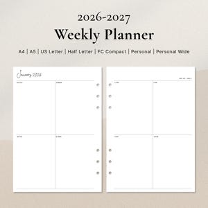 Puede incluir: Un planificador semanal minimalista para 2026-2027, con un diseño limpio y blanco y secciones para notas y programación diaria. El diseño incluye opciones para A4, A5, US Letter y otros tamaños. El texto "Weekly Planner" se muestra en la parte superior.