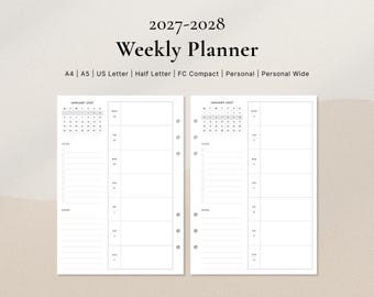 Veckoplanerare 2027–2028 | Minikalender + Checklista Layout PDF | A4, A5, US Letter, Half Letter, FC, Personlig, Personlig Wide