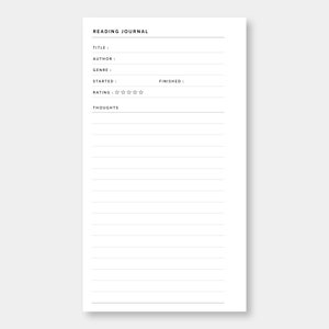 May include: A printable reading journal page with lines for recording book details, including title, author, genre, start and finish dates, rating, and thoughts. The page has the text "LEFT PAGE" and "READING JOURNAL" at the top.