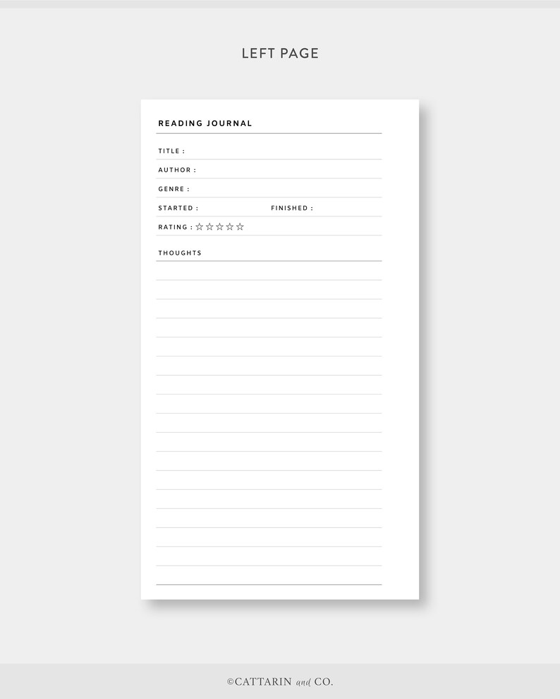 May include: A printable reading journal page with lines for recording book details, including title, author, genre, start and finish dates, rating, and thoughts. The page has the text "LEFT PAGE" and "READING JOURNAL" at the top.