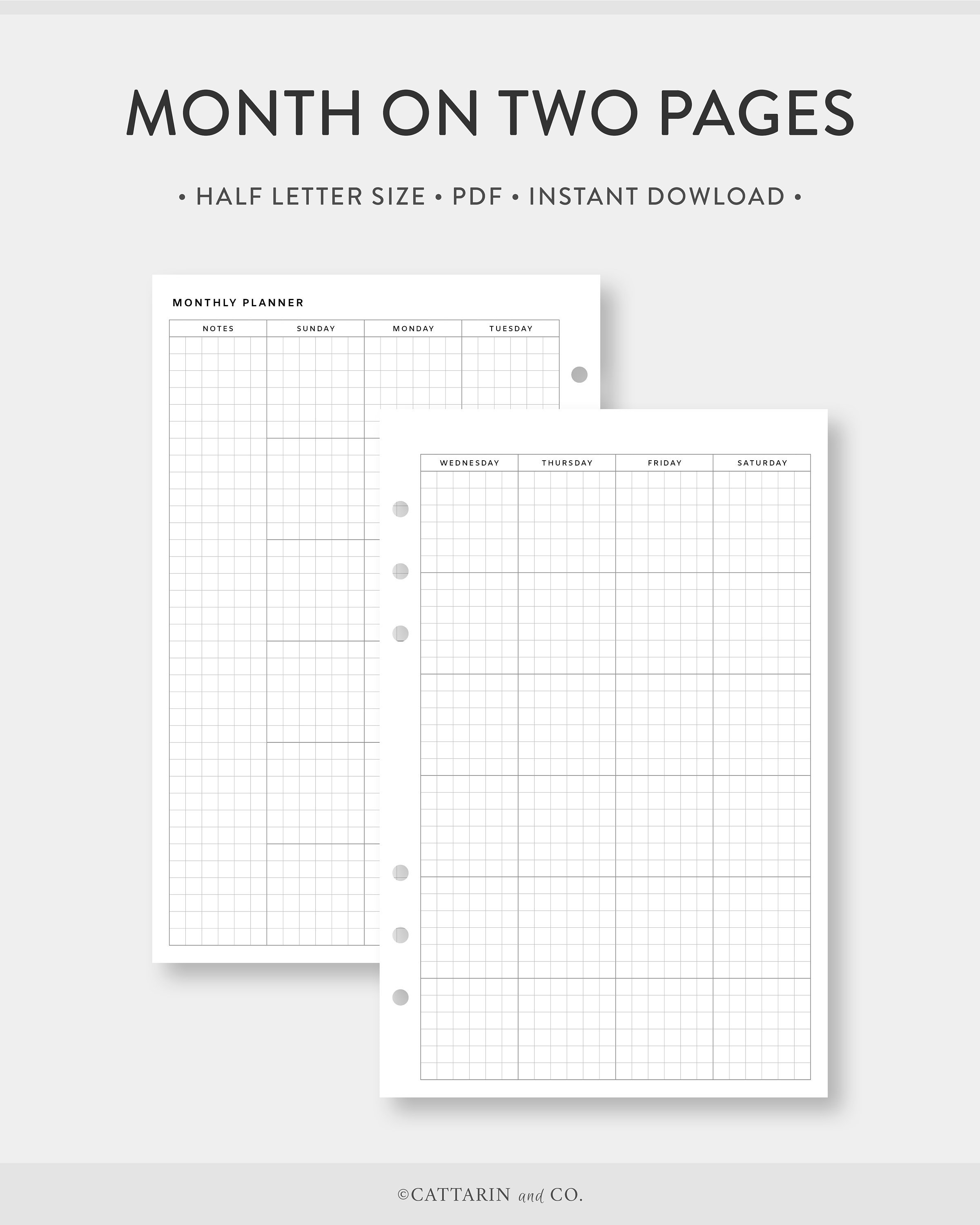 Half Letter, Grid Monthly Planner Printable Calendar | Month on Two Pages | Undated Simple Template Journal PDF Inserts | Half Letter | mo2p